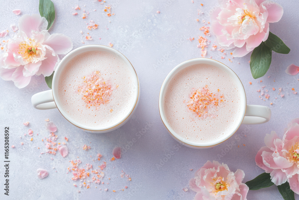 Two cups of pink floral latte with peonies on a light gray background Two cups of pink floral latte with peonies on a light gray background