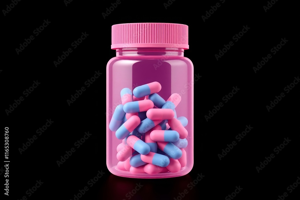 there is a pink jar with blue and pink pills in it there is a pink jar with blue and pink pills in it