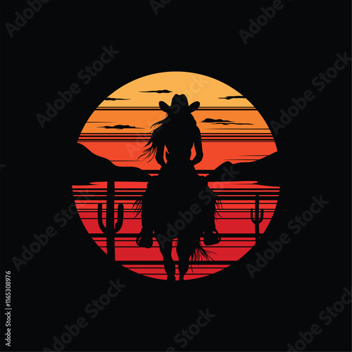 vector illustration cowgirl on sunset