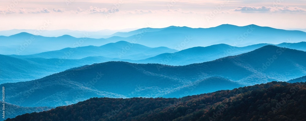 Blue ridge mountains fading into the distance at sunset creating a serene landscape Blue ridge mountains fading into the distance at sunset creating a serene landscape