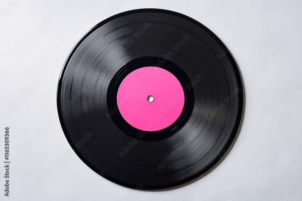 retro vinyl record with pink label at center placed on bright white background for contrast retro vinyl record with pink label at center placed on bright white background for contrast