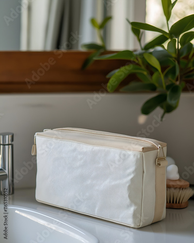 Customizable travel toiletry bag design mock up placed next to a sink. Travel concept, free space for text, white color