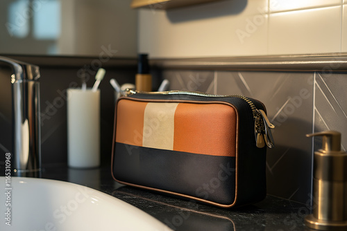 Customizable travel toiletry bag design mock up placed next to a sink. Travel concept, free space for text