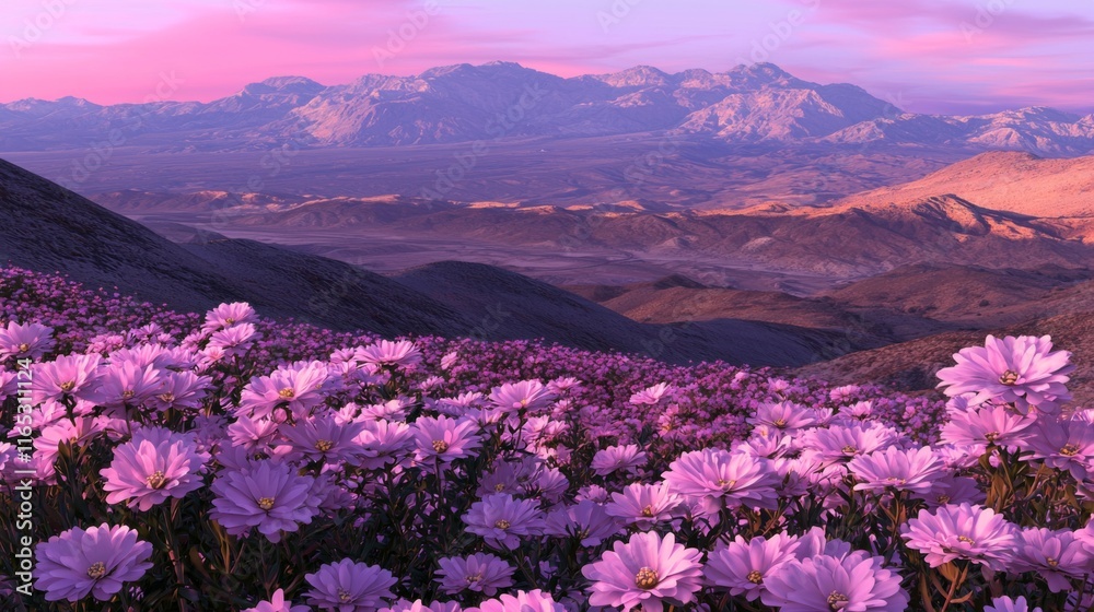 Fototapeta premium Vibrant Wildflowers Blooming in Desert Landscape at Sunset