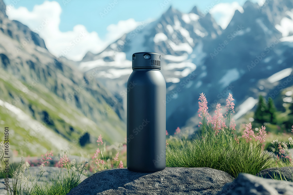 Mock up of a blank reusable water bottle with a mountain hiking backdrop Travel concept, free space for text, black color Mock up of a blank reusable water bottle with a mountain hiking backdrop Travel concept, free space for text, black color