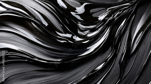 An abstract background showcases smooth, wavy textures, flowing pattern of glossy black tar-like liquid