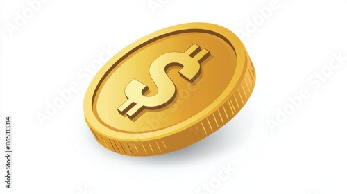 Realistic golden coin with dollar symbol designed for financial concepts, investment, wealth, and economic themes featuring a three-dimensional perspective on a white background photo