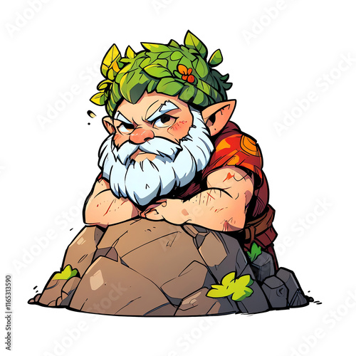 Grumpy Garden Gnome on Rock: A whimsical illustration of a disgruntled gnome with a leaf crown, sitting on a rock, displaying a cartoonish style.
