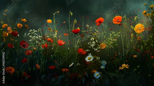 Lush Field of Colorful Flowers Dancing in Gentle Breeze