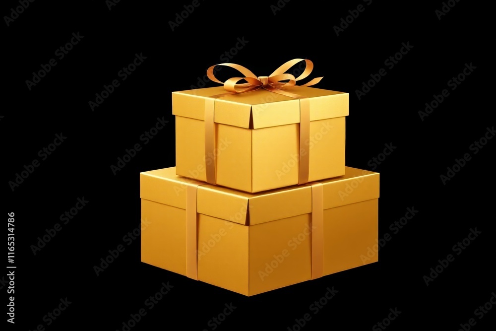Obraz premium a close up of a stack of three gold boxes with a bow
