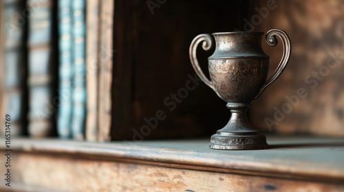 tarnished trophy on shelf symbolizes forgotten achievements and decay