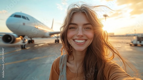 Ready for Takeoff: A young woman smiles brightly, her hair blowing in the wind as she stands before a majestic airplane, ready to embark on a new adventure.