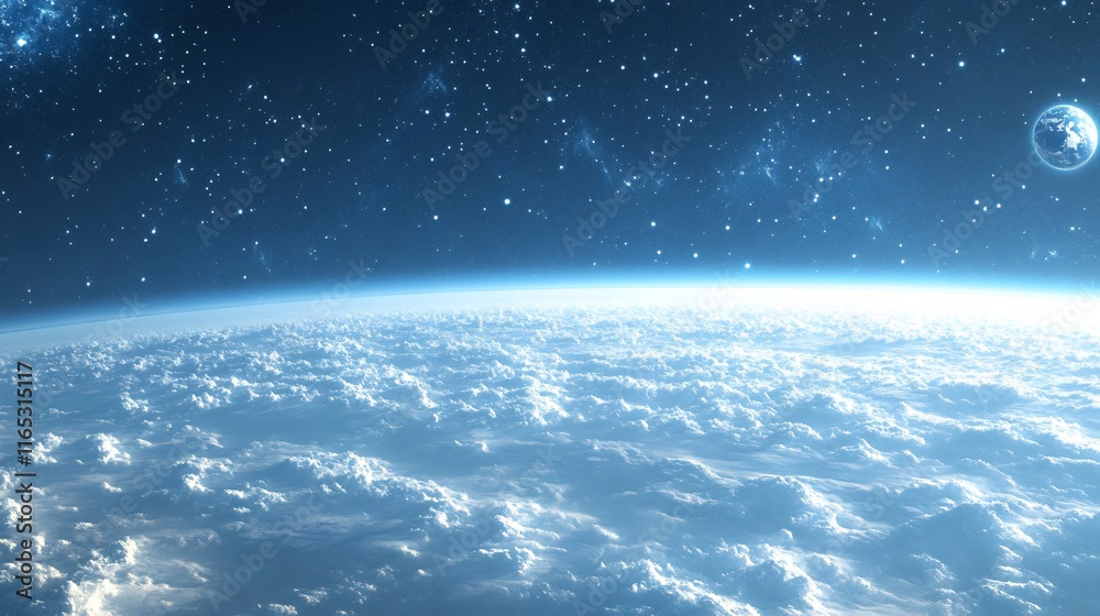 Planet earth and moon rising over clouds in outer space Planet earth and moon rising over clouds in outer space