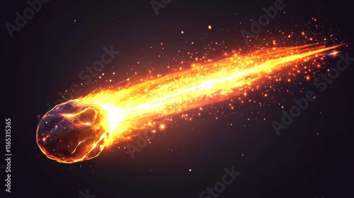 Realistic depiction of a meteorite with fiery trails falling through space.

