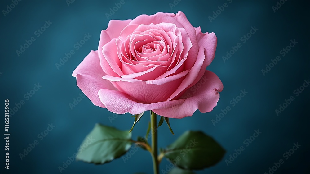 Single pink rose with green leaves against a teal background. Single pink rose with green leaves against a teal background.