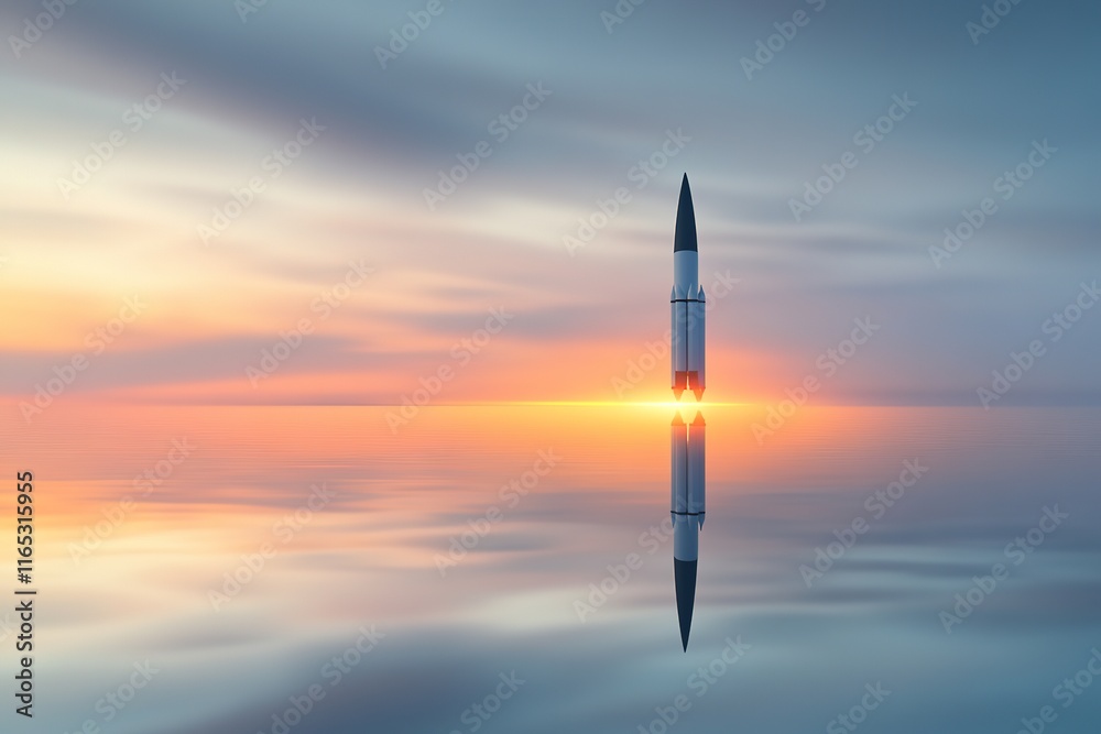 sleek digital illustration of rocket reflected in calm ocean framed by glowing horizon and blurred sky sleek digital illustration of rocket reflected in calm ocean framed by glowing horizon and blurred sky