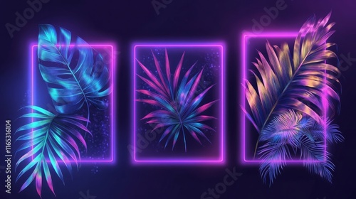Bright neon leaves and floral frames glowing on a dark background.

