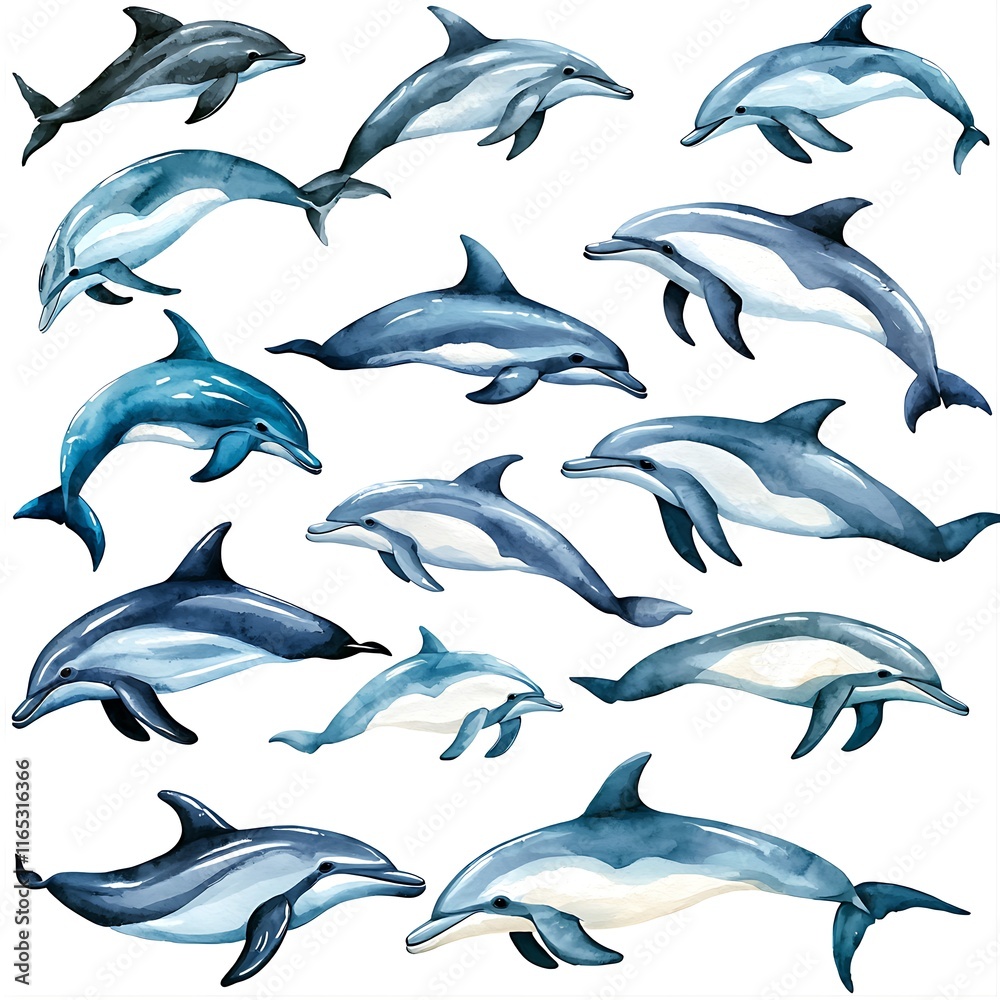Collection of Watercolor Dolphins in Various Poses, Ideal for Marine Life Designs. Collection of Watercolor Dolphins in Various Poses, Ideal for Marine Life Designs.
