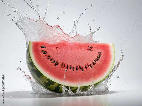 Vivid watermelon splashed with water, creating dynamic droplets. photo