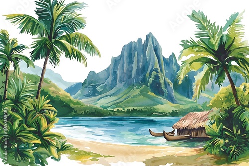 Watercolor Painting of a Tropical Paradise Scene with Palm Trees, Mountains, and Outrigger Canoes. photo