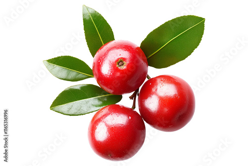 Fresh red guava berries or camu camu with green leaves isolated on white transparent background. Concept of healthy food. photo