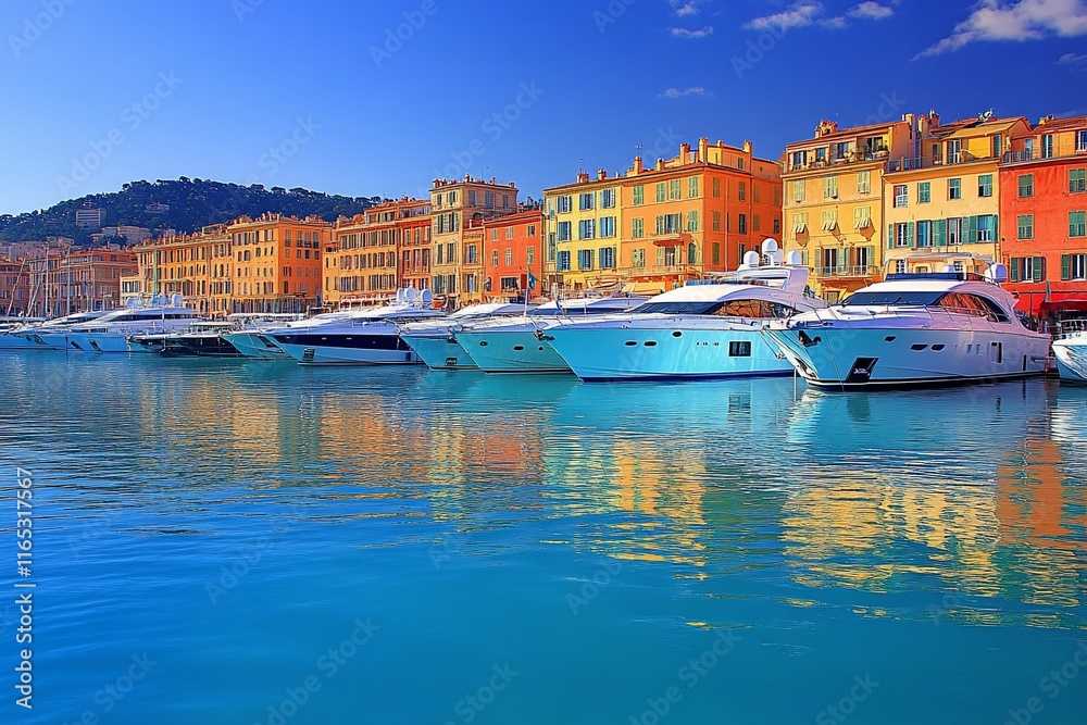 Obraz premium Colorful buildings reflect in calm harbor water with luxury yachts docked.