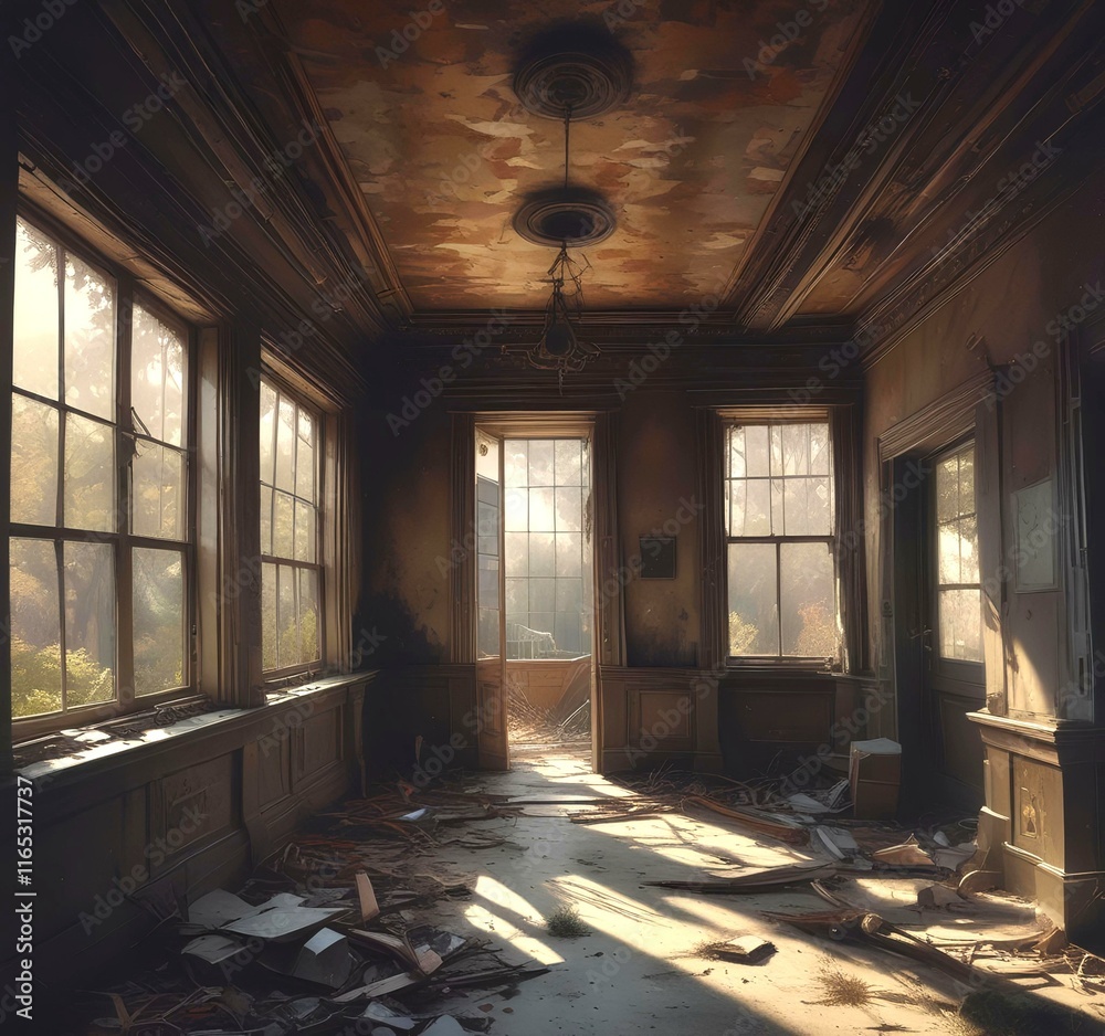 Fototapeta premium Illustration of abandoned house interior.