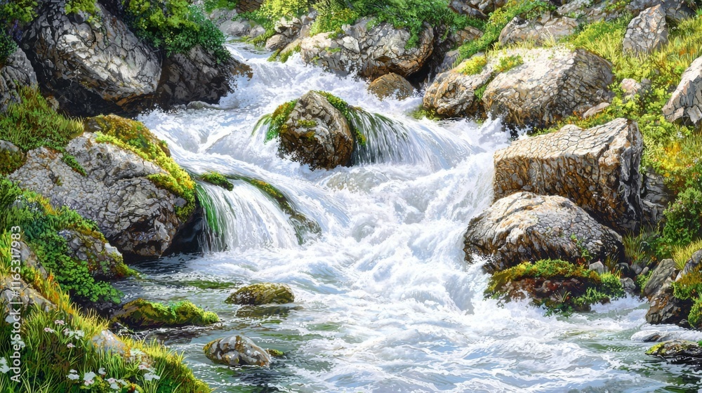 Lush Greenery Rushing Mountain River Mossy Rocks Waterfall Nature Scene Lush Greenery Rushing Mountain River Mossy Rocks Waterfall Nature Scene