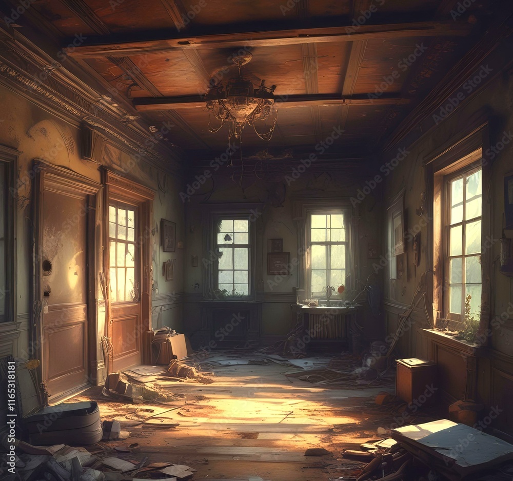 Fototapeta premium Illustration of abandoned house interior.
