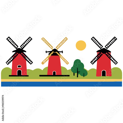 Red Windmills with Green Bushes and Yellow Sun on Transparent Background