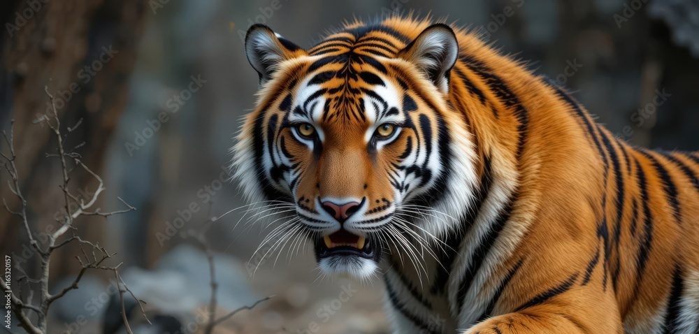 Fototapeta premium Close-up of a tiger in a forest setting.