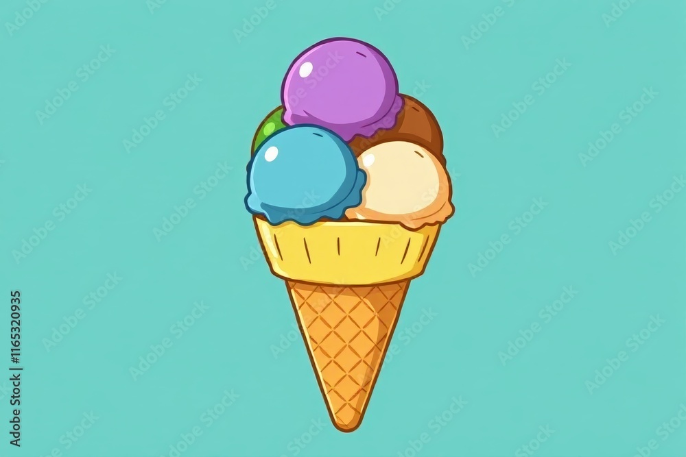 a cartoon ice cream cone with three scoops of different colors a cartoon ice cream cone with three scoops of different colors