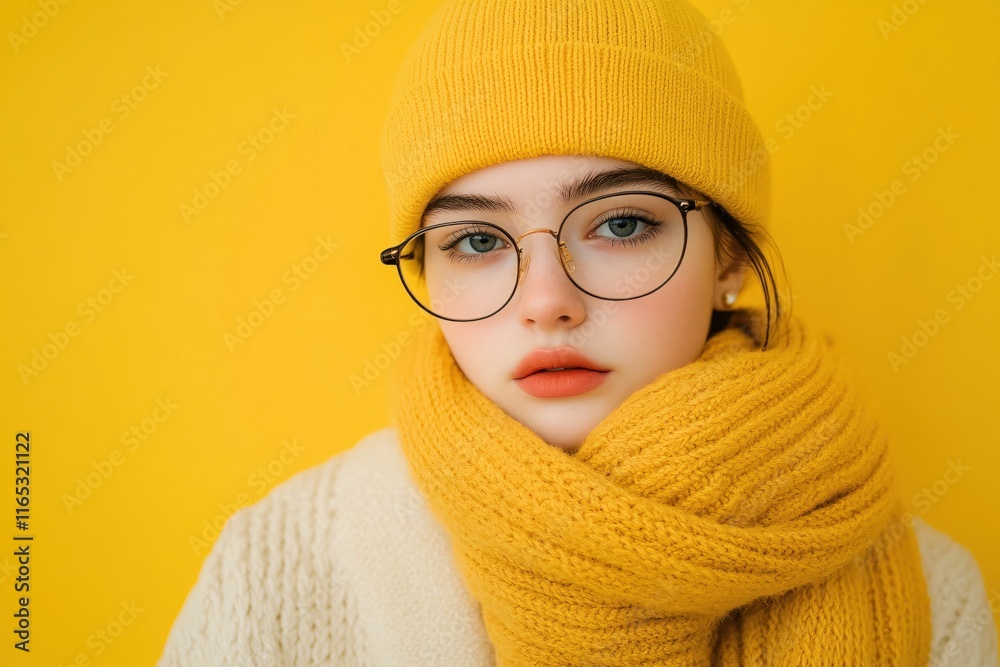 Young woman with glasses in yellow hat and scarf against bright yellow background Young woman with glasses in yellow hat and scarf against bright yellow background