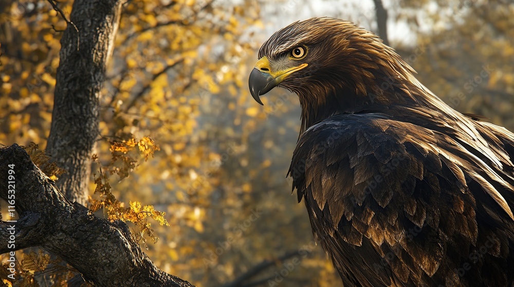 Obraz premium A close-up of a golden eagle perched on a tree branch, its sharp beak and feathers illuminated by the sun.