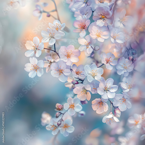 A close-up view of a serene blossom grove, showcasing delicate petals of different hues with a blurred natural background for depth. 