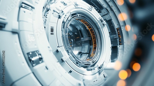 Futuristic sci-fi tunnel rotating with orange lights and digital displays