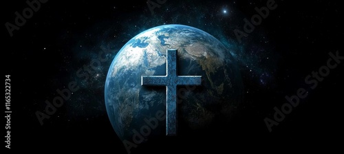 Jesus Cross over planet earth orbit. Christianity religion faith worship spirituality concept. Generative AI technology.	
