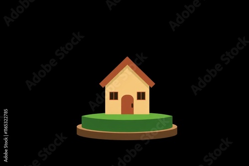 illustration of a small house on a green lawn with a brown roof