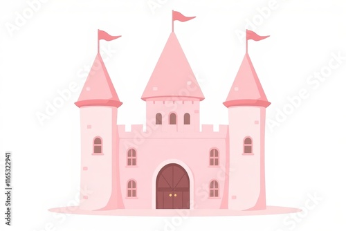 there is a pink castle with two flags on top of it