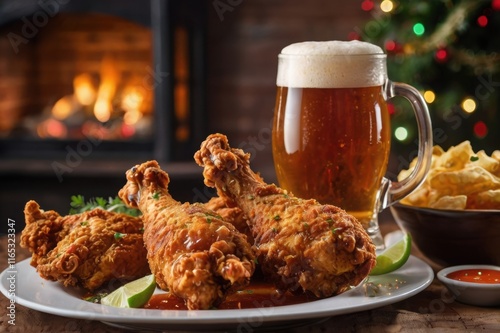 A golden fried chicken drumstick with a pint of beer and dips in a cozy, festive living room.