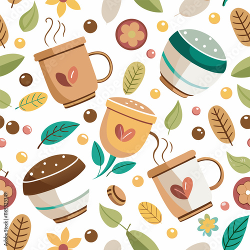 Coffee house and seamless coffee pattern in vintage style background, Coffee beans and coffee elements doodle art illustration.