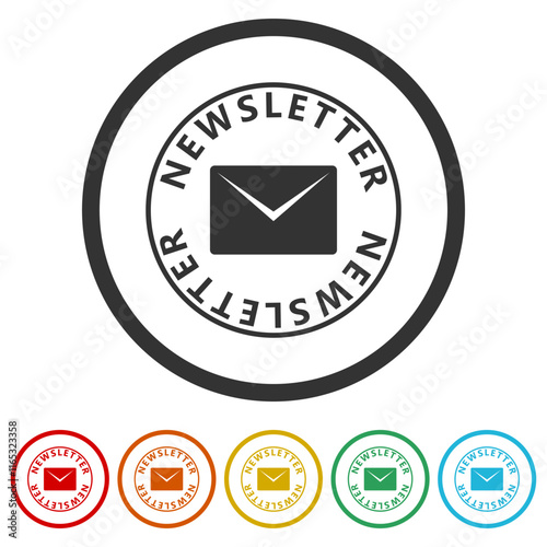 Newsletter icon. Set icons in color circle buttons