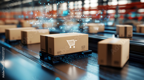 A row of cardboard boxes is efficiently lined up on a conveyor belt in a modern warehouse, highlighting automation in logistics and e-commerce.
