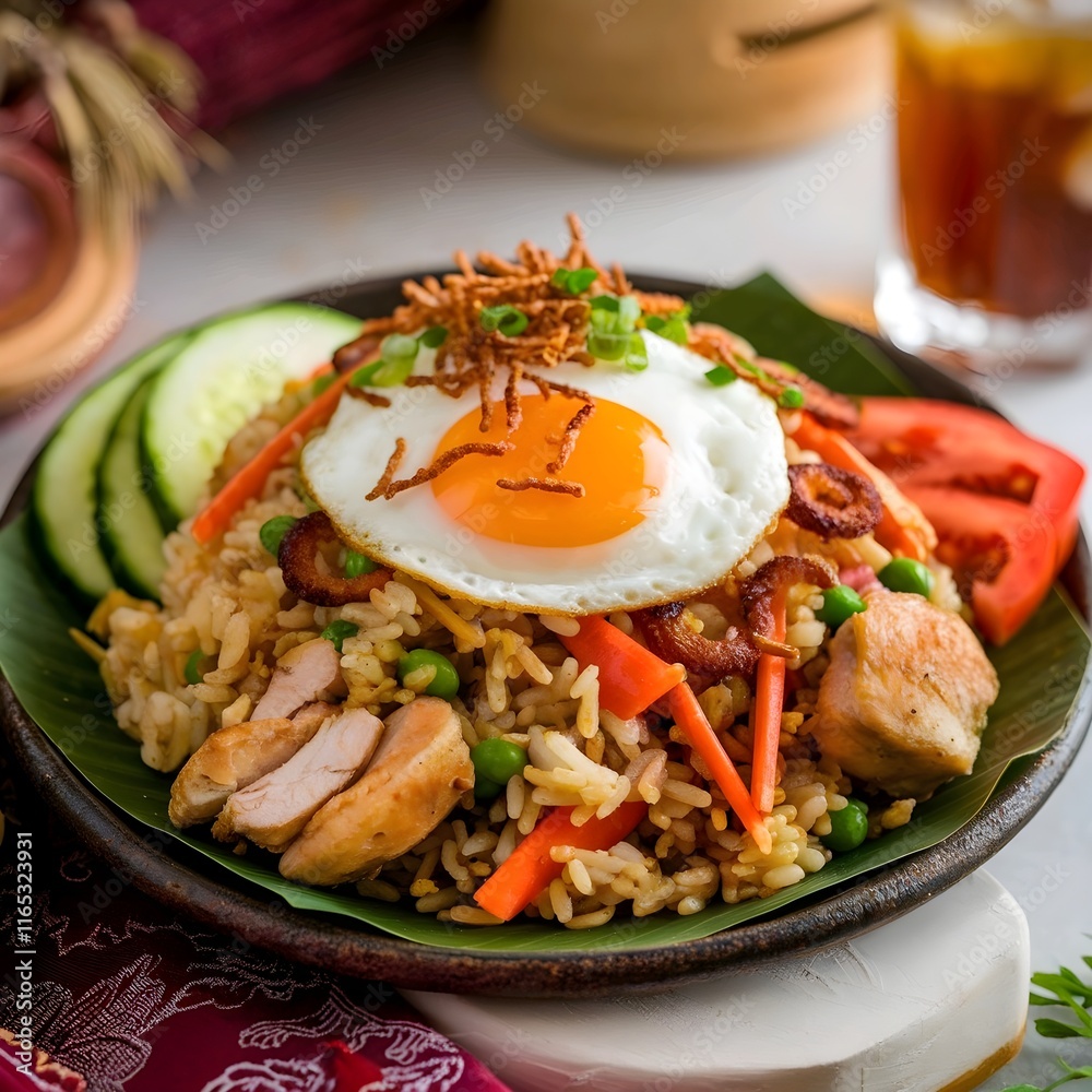 Delicious Indonesian Nasi Goreng with Fried Egg and Vegetables Delicious Indonesian Nasi Goreng with Fried Egg and Vegetables