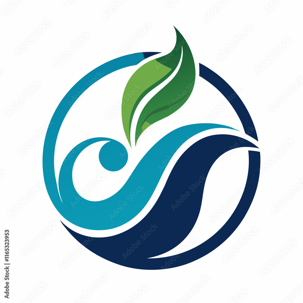 Wave and Leaf Logo: Water & Plant Harmony Design Wave and Leaf Logo: Water & Plant Harmony Design