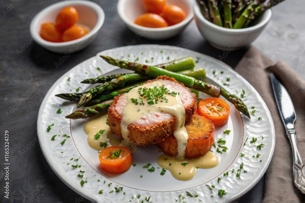 A restaurant-style cordon bleu, garnished with parsley, sauce, and served with roasted carrots and asparagus on a white plate. A restaurant-style cordon bleu, garnished with parsley, sauce, and served with roasted carrots and asparagus on a white plate.