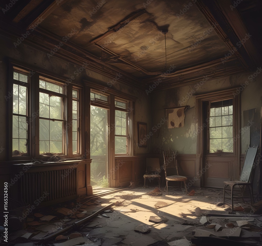 Fototapeta premium Illustration of abandoned house interior.
