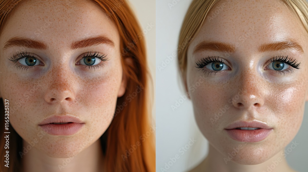Portraits of Two Young Women with Freckles and Diverse Hair Colors Portraits of Two Young Women with Freckles and Diverse Hair Colors