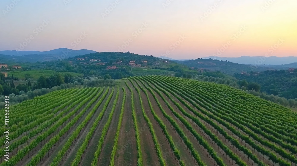 Scenic Vineyard Landscape at Sunset with Rows of Green Grape Vines in Italy Scenic Vineyard Landscape at Sunset with Rows of Green Grape Vines in Italy