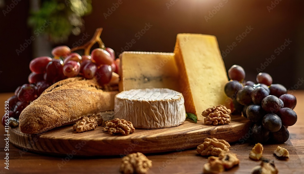 A rustic wooden board presents a delightful assortment of cheeses A rustic wooden board presents a delightful assortment of cheeses